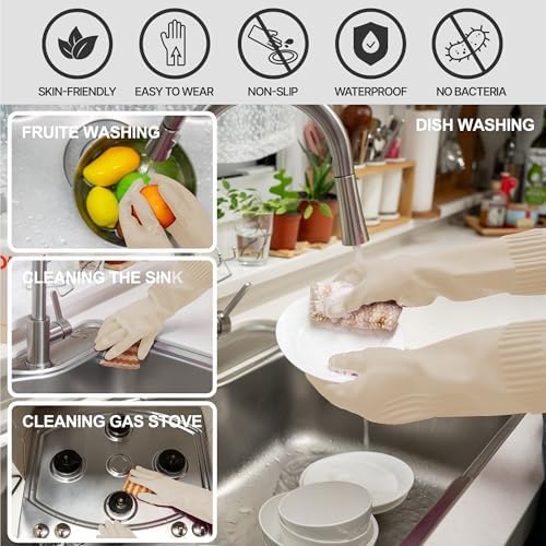 Mamison Rubber Dishwashing Gloves, Non-Slip Kitchen, Ivory Medium, 2 Pairs - Image 4