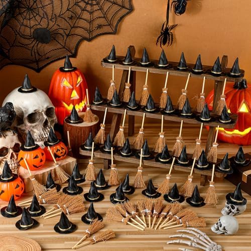 WinnerWhy 48 Pcs Mini Witch Hat Broom Set, 1.97 Inches - Image 2