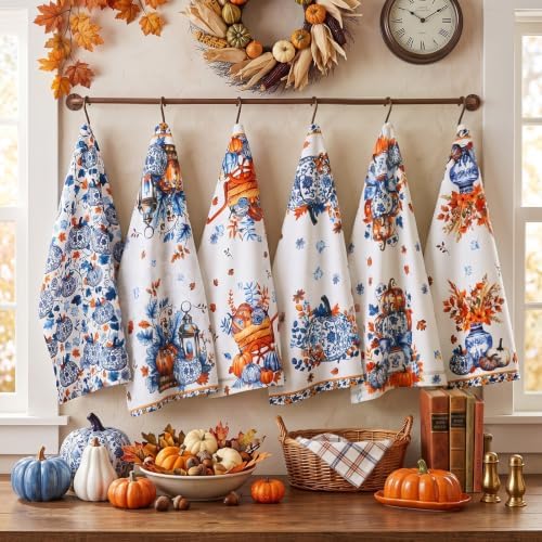 6 Pack Blue White Chinoiserie Fall Kitchen Towels Pumpkin Hand Towels - Image 6