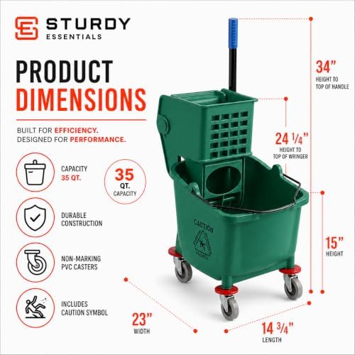 Commercial Mop Bucket with Wringer on Wheels | Green 35 Quart - Image 2