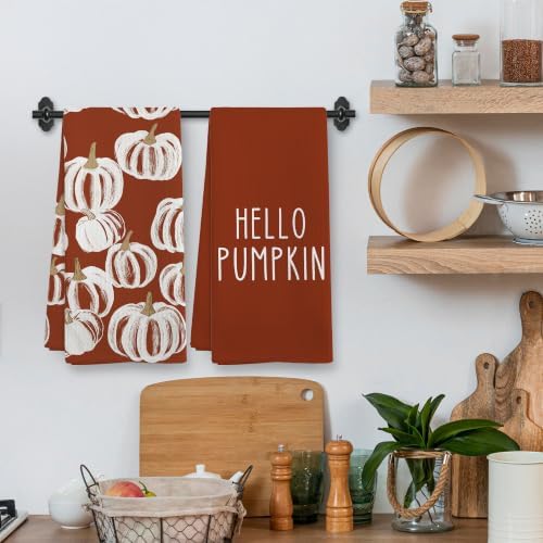 Fall Hello Pumpkin Rust Kitchen Towels and Dishcloths Sets of 2 - Image 2