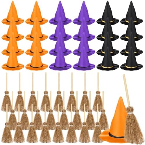 WinnerWhy 48 Pcs Mini Witch Hat Broom Set, 1.97 Inches by WinnerWhy