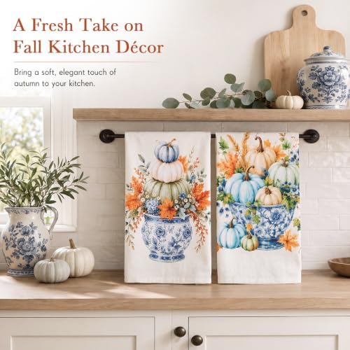 2 Pcs Fall Kitchen Towels Orange Blue Pumpkin Towels - Image 2