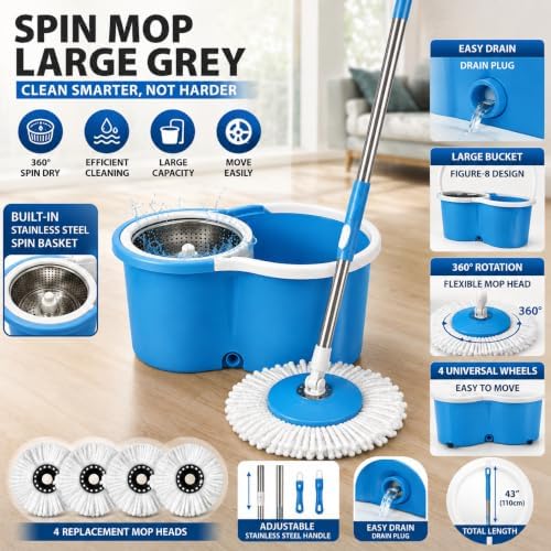 Spin Mop and Bucket with Wringer, 4 Refill Heads - Image 5