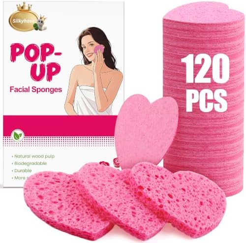 Silkyhose 120Pcs Compressed Cellulose Sponges, Heart-Shape Exfoliating by Silkyhose