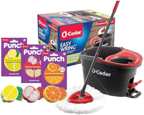 O-Cedar Punch Fruit-Shaped Scrub Sponge Pack + EasyWring Microfiber Spin Mop by O-Cedar