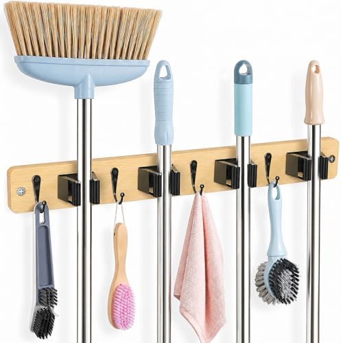 AceMining Light Wood Broom Holder Wall Mount, 4 Holders 4 Hooks Mop Holder by AceMining