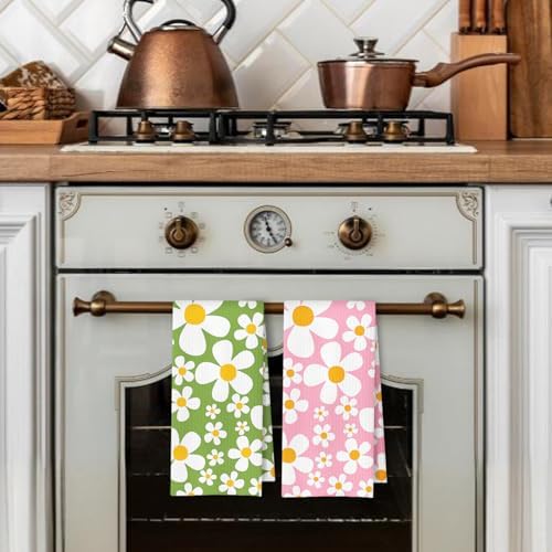 70s Retro White Daisy Floral Kitchen Towels Set of 2, Floral Aesthetic - Image 3
