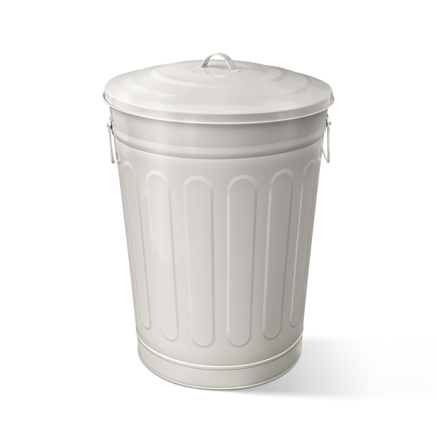 Plexon Round Trash Can 13 Gallon, Vintage Metal Outdoor Trash Can with Lid, Retro Farmhouse Garbage Container, Old School Modern Ash Bucket, Beige