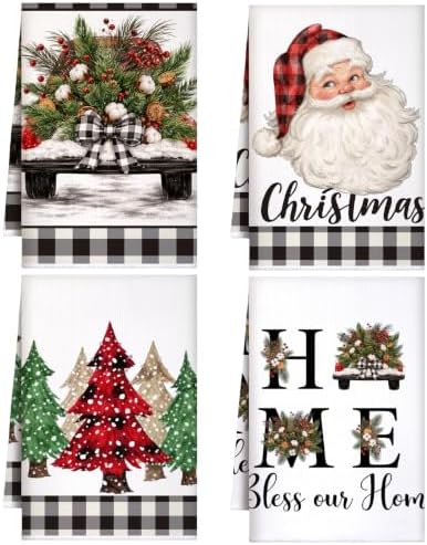 Bencailor 4 Pcs Christmas Kitchen Towels, Santa Buffalo Plaid Absorbent Hand by Bencailor