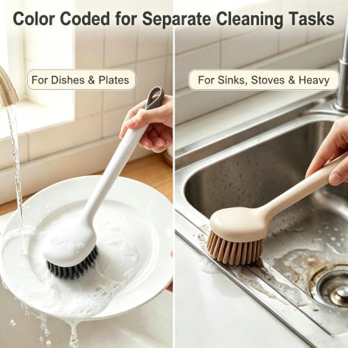 Dish Scrub Brush 2-Pack, Long Handle Pot Pan Scrubber, Angled Head - Image 4
