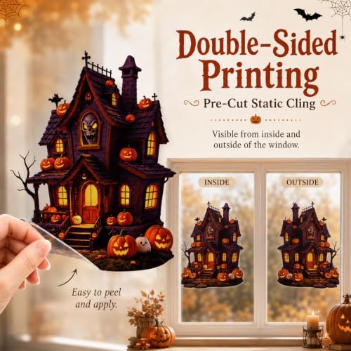 8 Sheets Halloween Window Clings Vintage Ghost Evil Pumpkin Bat Black Cat - Image 3