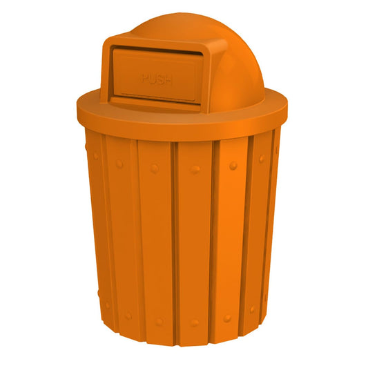 42 Gallon Slatted Circle 100% Recycled Plastic Commercial Outdoor and Indoor Trash Can with Push Open Dome Lid and Internal Liner | Great for Schools and Businesses - Orange