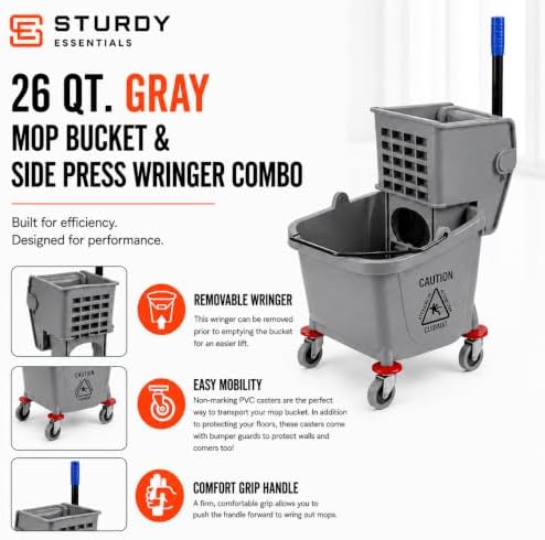 Commercial Mop Bucket with Wringer on Wheels | Gray 26 Quart - Image 4