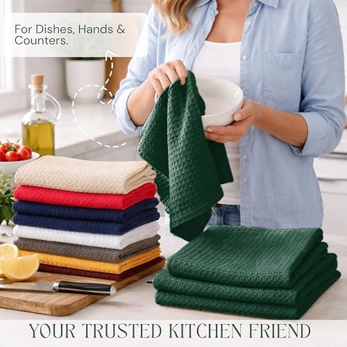 Forest Green Kitchen Towels – Waffle Weave, 100% Cotton, Soft & Absorbent - Image 3