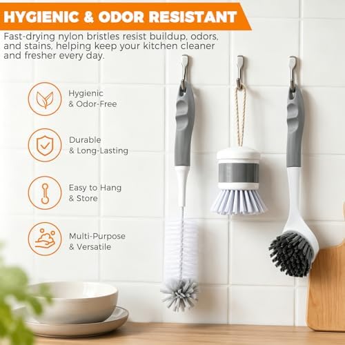 3 Pack Kitchen Cleaning Brush Set, Dish Brush, Extra Long 14.3 inch Bottle - Image 6