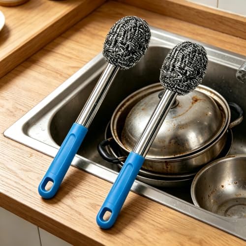 2PCS Steel Scrubber with Handle Stainless Cast Iron Cleaner Brush - Image 6