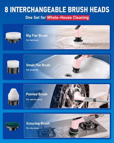 Dovety Electric Spin Scrubber, Extendable Handle, 8 Brush Heads-Pink - Image 4
