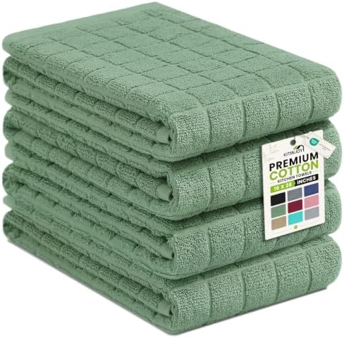 Kitinjoy Premium Cotton Check Kitchen Towels 4 Pack, Grass Green by Kitinjoy