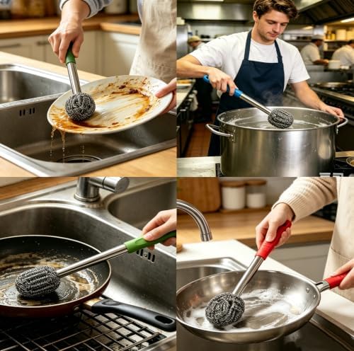 2PCS Steel Scrubber with Handle Stainless Cast Iron Cleaner Brush - Image 3