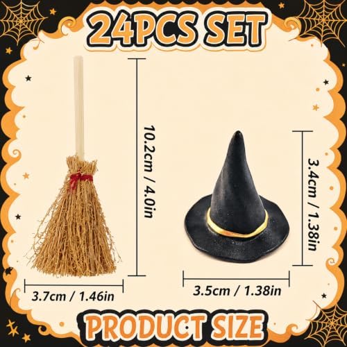 24PCS Mini Witch Hat with Broom Set, Halloween Decorations - Image 2