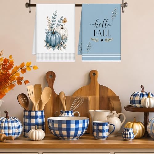 Fall Blue Pumpkin Kitchen Towels 4 PCS, Autumn Hand Towel - Image 2
