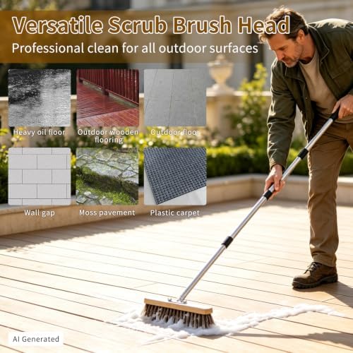 Heavy Duty Deck Brush with Long Handle, Stiff Natural Palmyra Bristles - Image 4