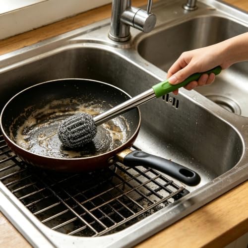 2PCS Steel Scrubber with Handle Stainless Cast Iron Cleaner Brush - Image 4
