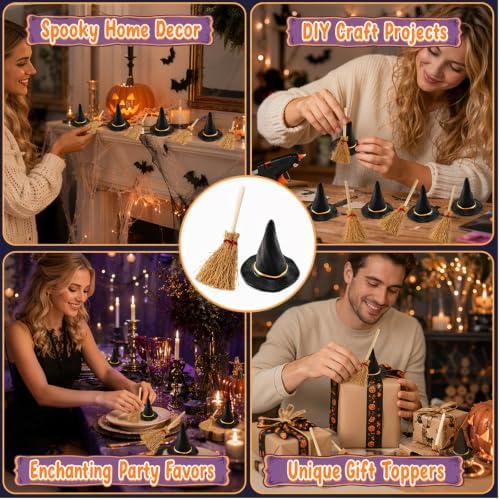 24PCS Mini Witch Hat with Broom Set, Halloween Decorations - Image 7