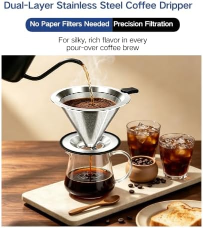 Pour Over Coffee Dripper Dual Stainless Steel Reusable Filter Coffee Maker - Image 2