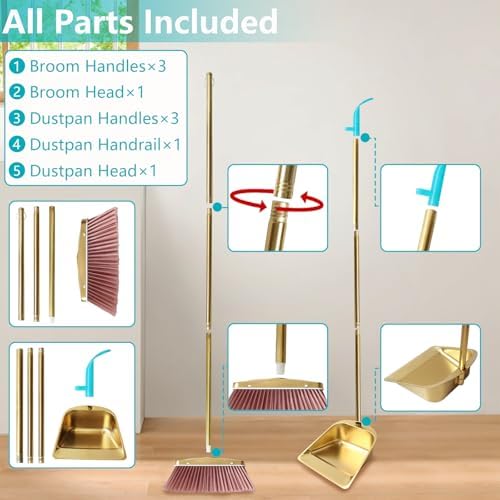Gold Broom and Dustpan Set, Minimalist Upright Sweeper - Image 3