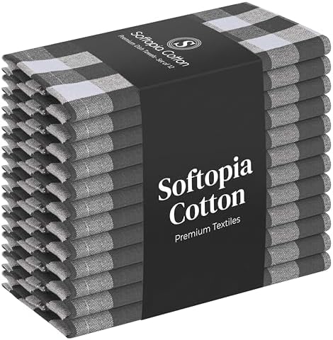 Gingham Checked Kitchen Towels 12 Pack, 100% Cotton, Absorbent Dish Towel by SoftopiaCotton