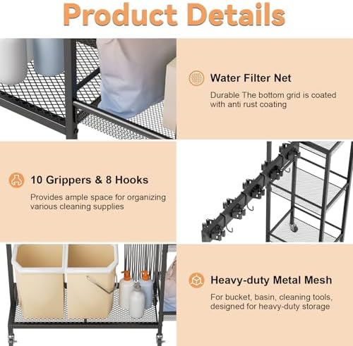 Rolling Broom Organizer Cart, Cleaning Tool Storage Rack, Iron Frame 10 - Image 7