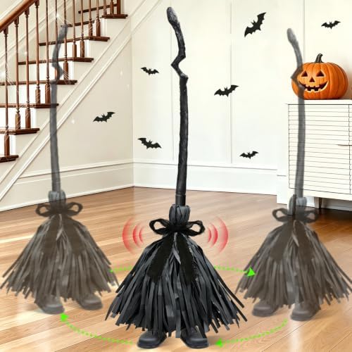 36'' Halloween Animatronics Sound Activated Black Witch Broom Prop Decor by TURNMEON