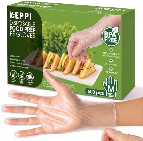 Keppi 600 Pack Disposable Gloves Medium – Clear HDPE Plastic, Food Safe by Keppi