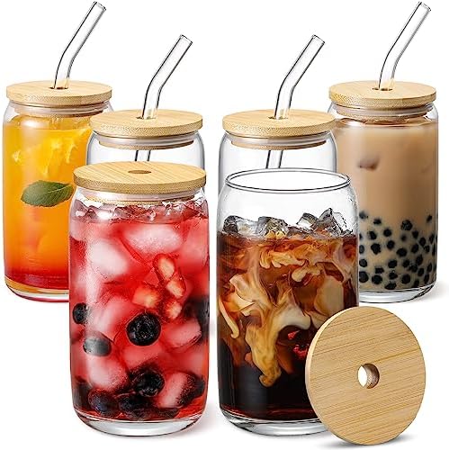 Glass Cups with Bamboo Lids and Glass Straw by VITEVER