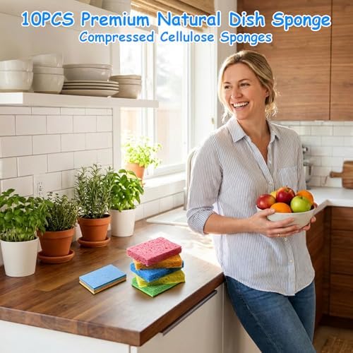10 Pcs Cellulose Kitchen Sponges, Natural Compressed Sponges Reusable Non - Image 3