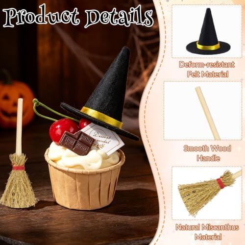 Mini Witch Hats and Brooms Halloween Straw Decorations - Image 6