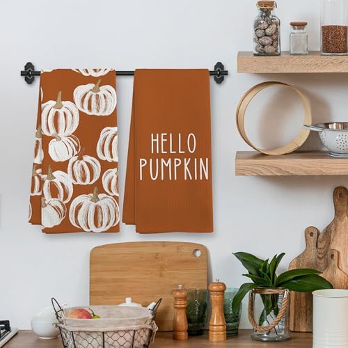 Fall Hello Pumpkin Kitchen Towels and Dishcloths Sets of 2, Fall Burnt Orange - Image 2