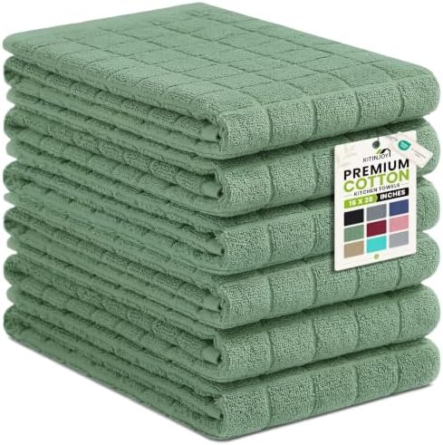 Kitinjoy Premium Cotton Check Kitchen Towels 6 Pack, Grass Green by Kitinjoy