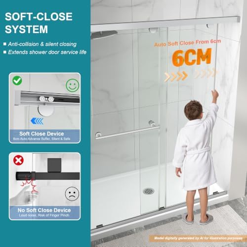 Frameless Double Sliding Shower Door, 43-48" Wx76 H, 5/16" Brushed Nickel - Image 3