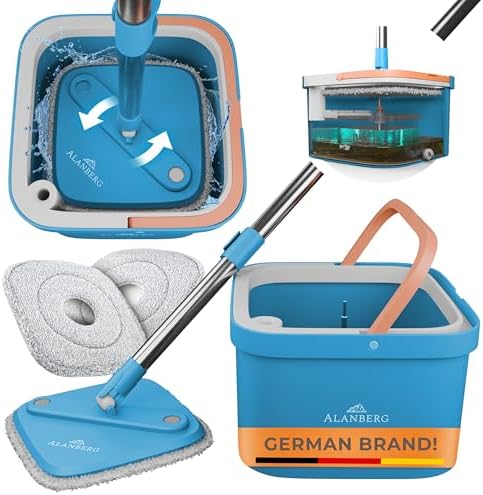 Mop and Bucket Set with Wringer, Dual-Chamber Flat Mop by ALANBERG