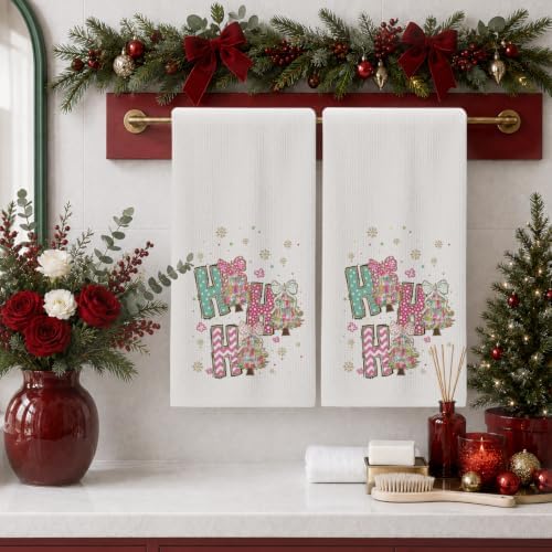 Preppy Pink Christmas Tree Kitchen Hand Towels 16"x24" - Image 2