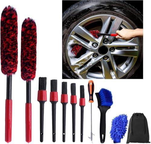 Wheel Brush Kit 10PCS Car Wheel Cleaning Kit Detailing Brushes Car Wash Mitt by OBDKCAN