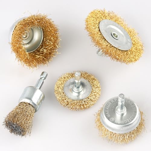 5 Pcs Wire Brush for Drill Set, Brass Wire Wheel for Drill, 1/4 Inch Hex Shank - Image 3