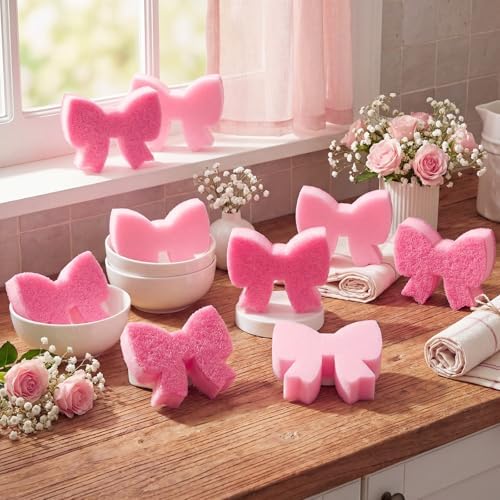 Tioncy 12 Pack Pink Bow Sponges Dual Sided Non Scratch by Tioncy