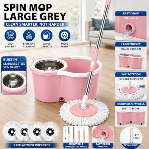 Spin Mop and Bucket with Wringer, 4 Refill Heads - Image 5