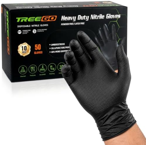 TREEGO 10 Mil Heavy Duty Black Nitrile Mechanic Gloves by Treego