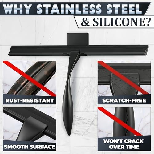 14 Inch Black Squeegee for Shower Glass Doors, 2 Hooks Included - Image 3
