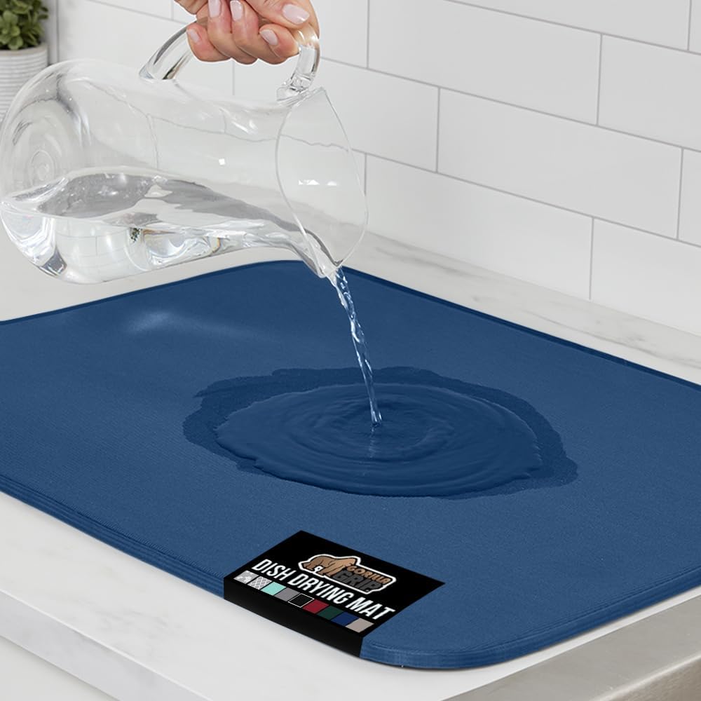 GORILLA GRIP Ultra Water Absorbent Microfiber Dish Drying Mat, Quick Dry Thick Mesh, Slip Resistant Pad for Sink Dishes or Under Rack, Kitchen Counter Accessories, 16x18, Machine Wash, Blue